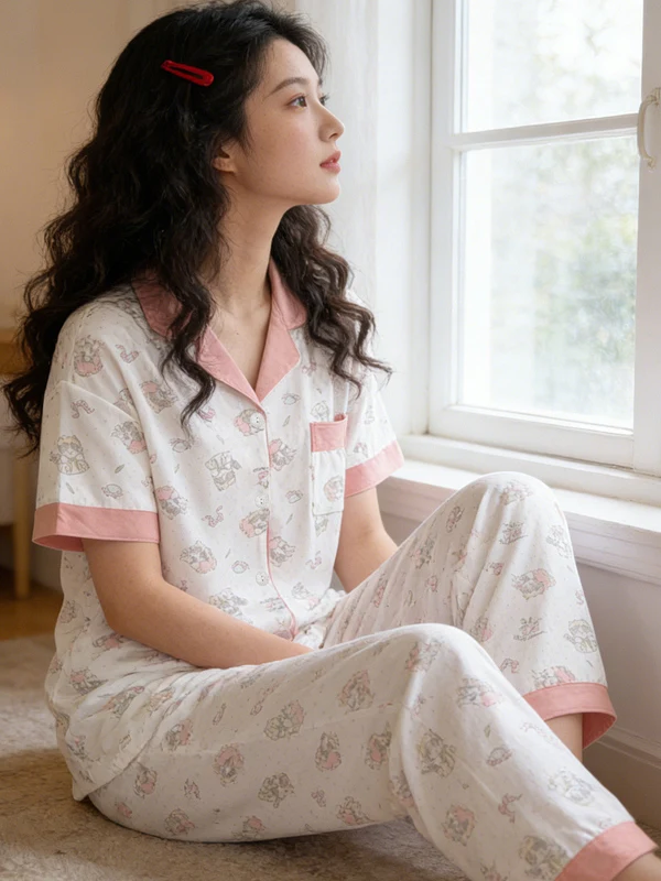 

Милый комплект домашней одежды с принтом, повседневный, из хлопкоподобной ткани, с коротким рукавом и длинными брюками, для женщин и студенток, весна-лето, новинка