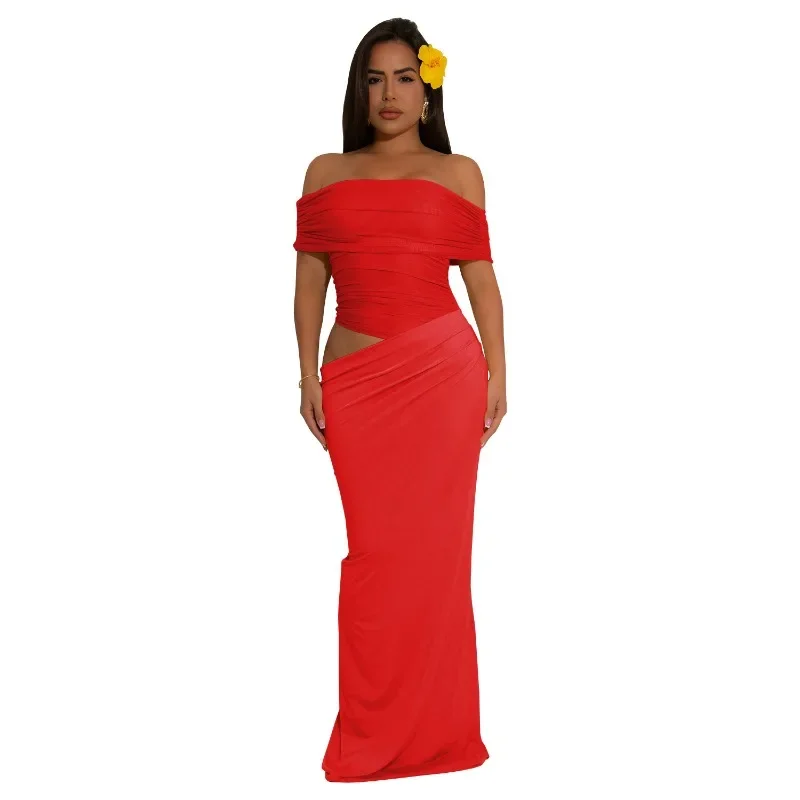 Hermosos vestidos largos fruncidos con hombros descubiertos para mujer, trajes amarillos, Vestido de playa drapeado de malla transparente elegante