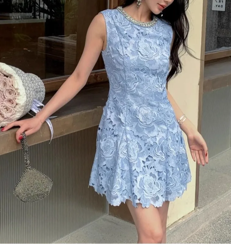 UNI Luxe Kristal Kant Formele Jurk Dames Zomer Elegant Kralen Uitgehold Borduren Prom Avondfeest Korte Jurken Blauw