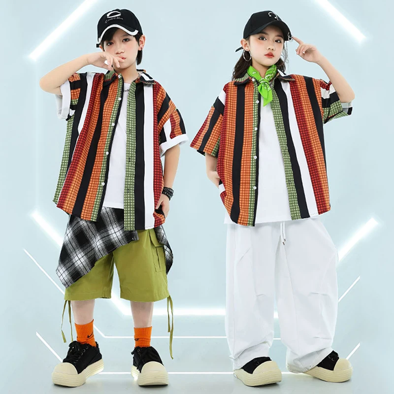 

Детская одежда для джазовых танцев, красочная полосатая рубашка для девочек, брюки в стиле хип-хоп, шорты, курчатые брюки, наряд для уличных танцев 3405