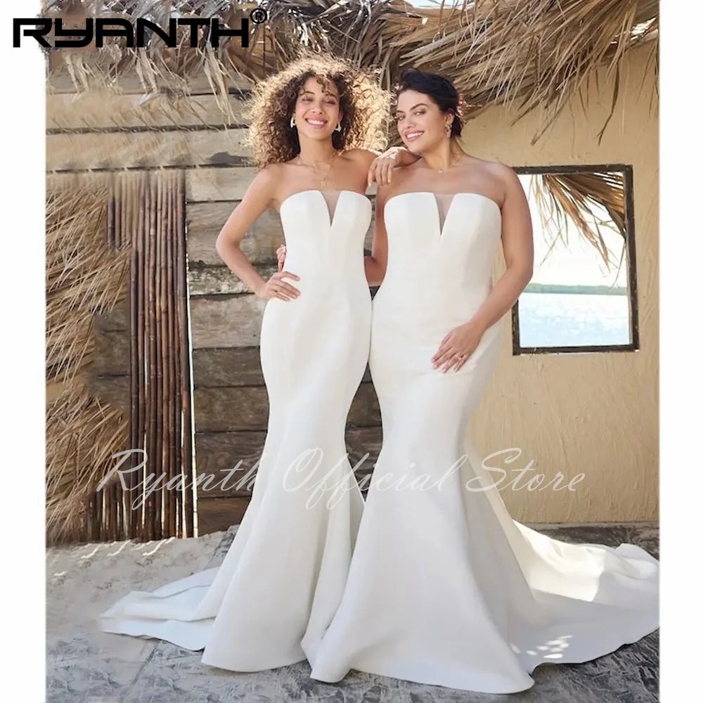 Ryanth 2024 Mermaid Strapless Plus Size Bride White Dresses Sleeveless  Backless Satin Wedding Gowns Custom Made robes de mariée