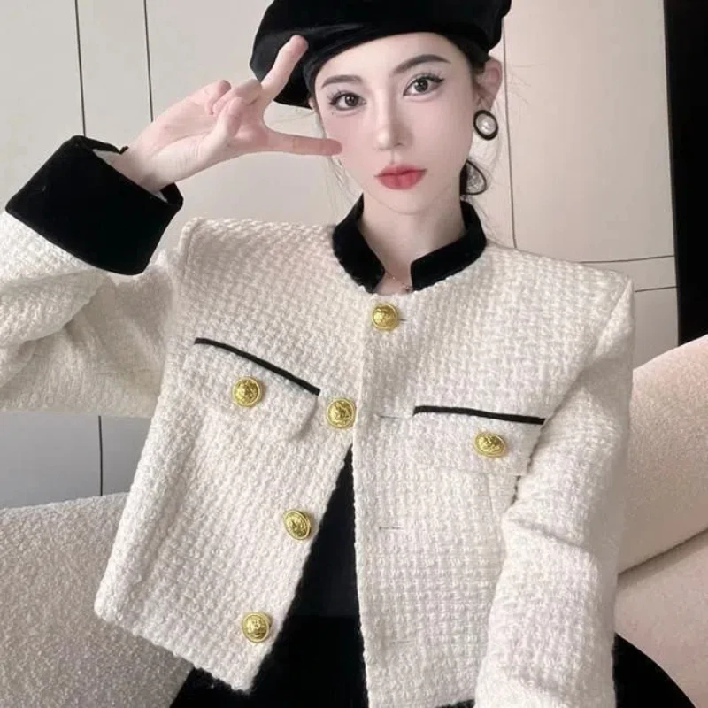 

British Style Contrasting Color Border Splicing Woolen Short Coat for Women Small Stature Standing Collar Chic Top