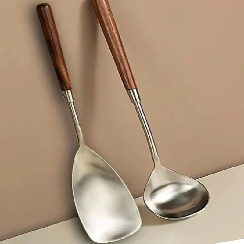 

New Antique Wooden Handle Soup Spoon Household Stainless Steel Soup Congee Spoon Restaurant Hot Pot Cooking Spoon