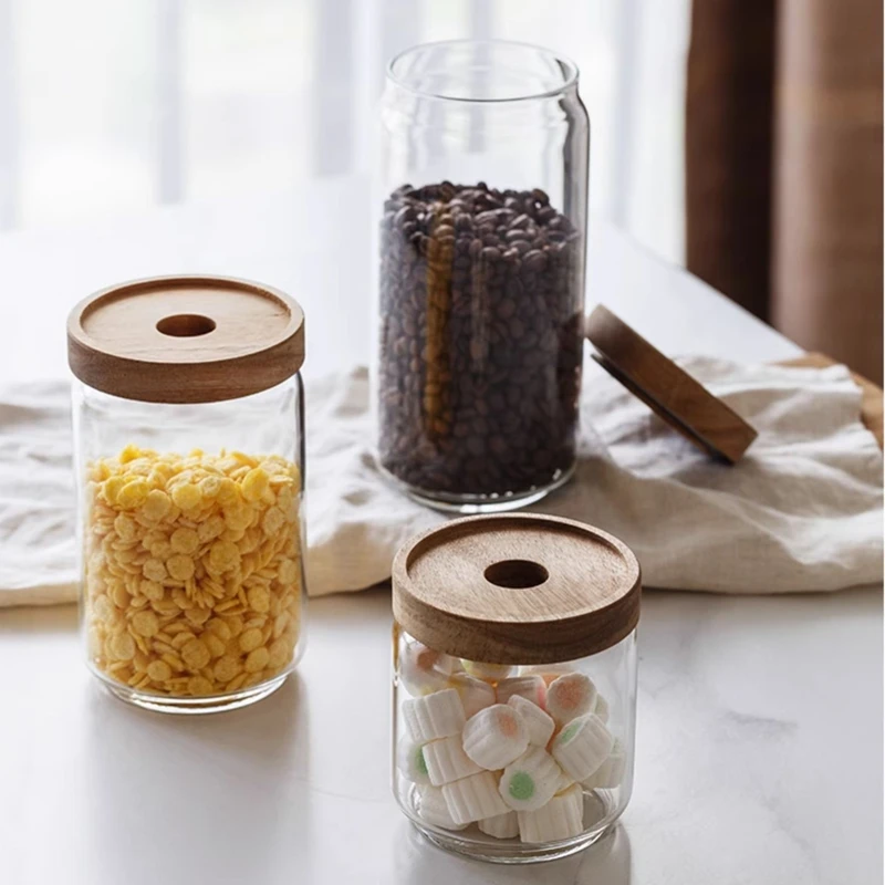 Glass Sealed Jar with Acacia Lid Storage Coffee Jar Multigrain Jar Tea Jar Pasta Storage Jar