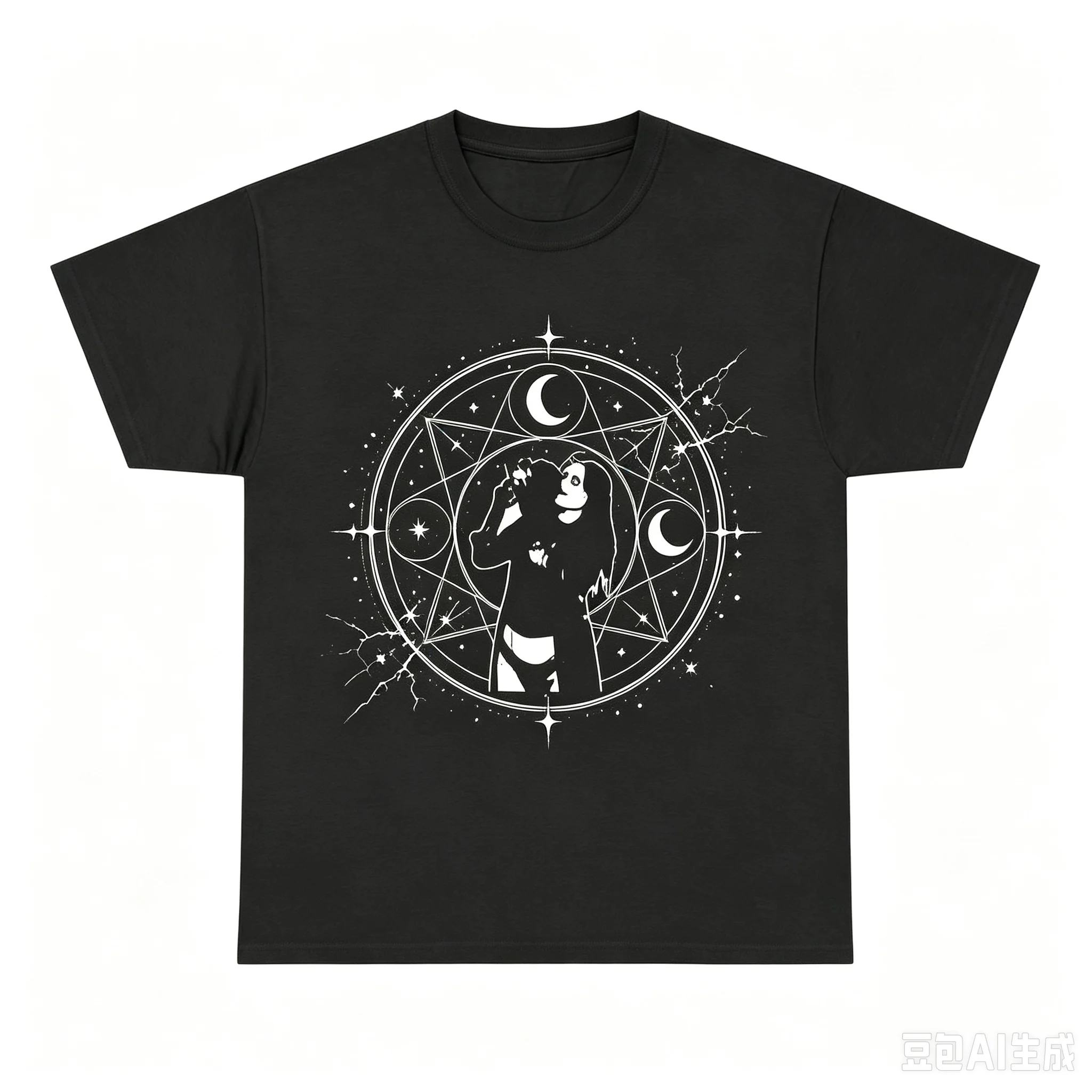 Men Dark Gothic Occult T‑Shirt Witch Pentagram Moon Star Graphic Print Casual Streetwear Tops