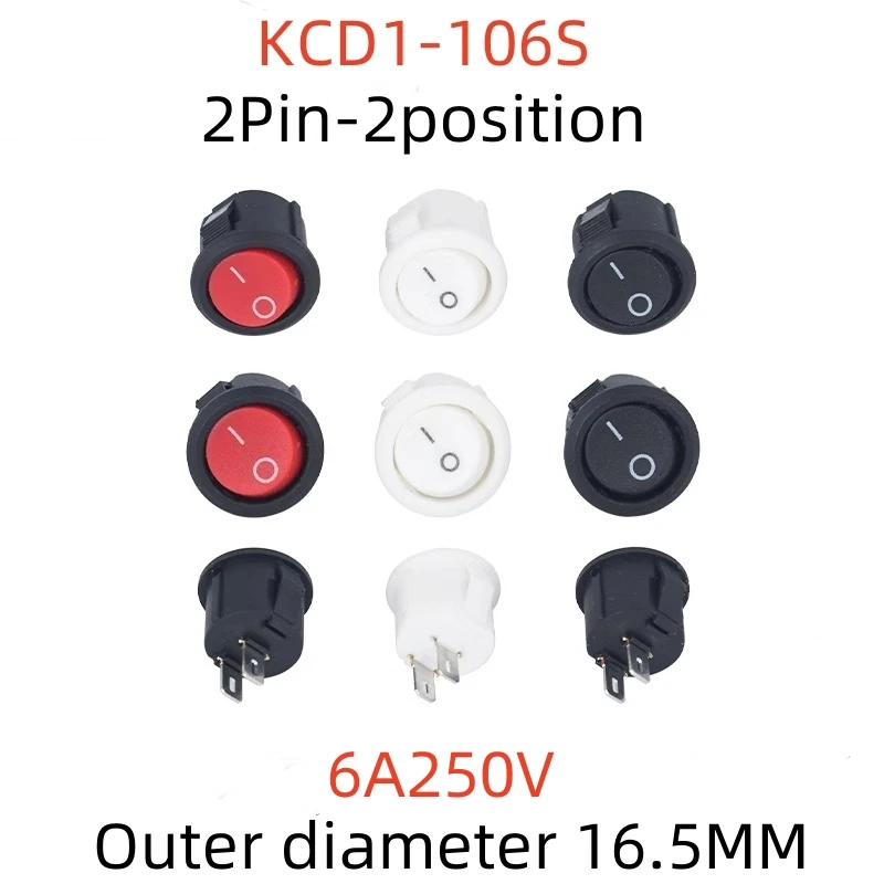 

5PCS Ship switch KCD1-106S two feet and two gears, outer diameter 16.5MM power switch 6A250V red/white/black