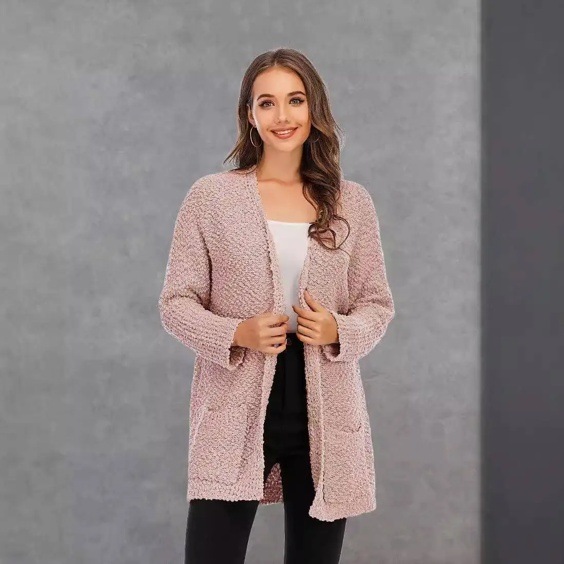 

Winter New plus Size Women's Knitted Cardigan Coat Double ket Medium Length Sweater Hollow out Design Thiened Polyester ...