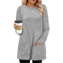 2024 Europe and the United States Autumn and winter new mid-length sweater pit strip solid color pocket gown woman