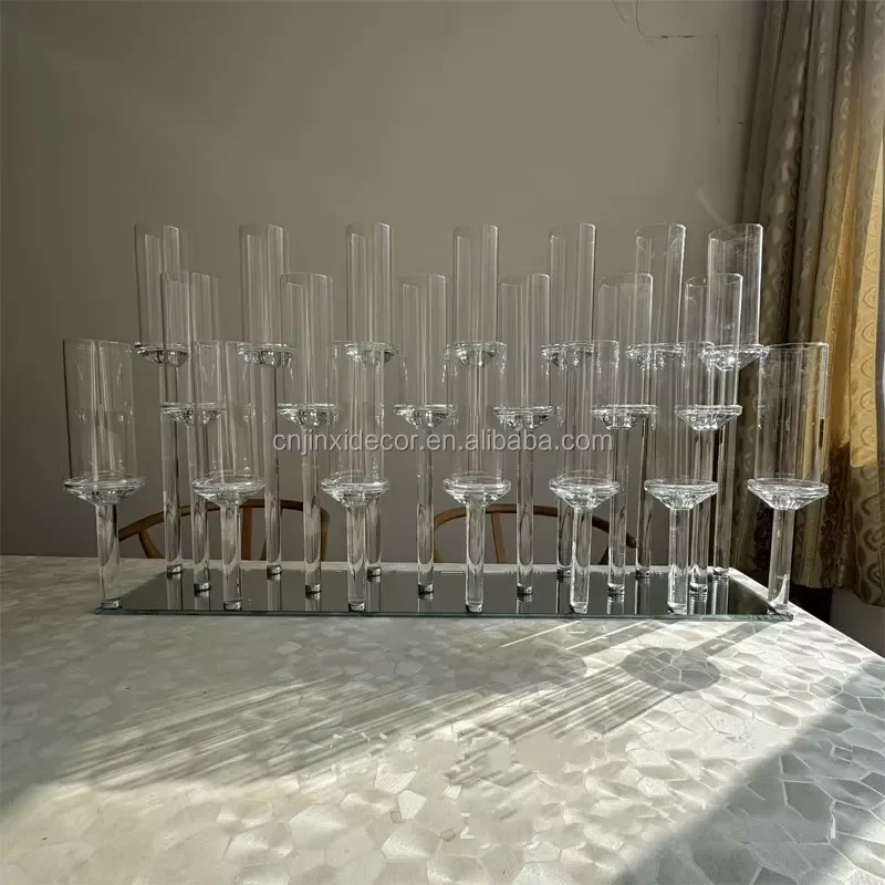 20 Arm Rectangular Mirror Base Crystal Glass Candle Holder Transparent Home Decoration Wedding Table Centerpiece Ornament