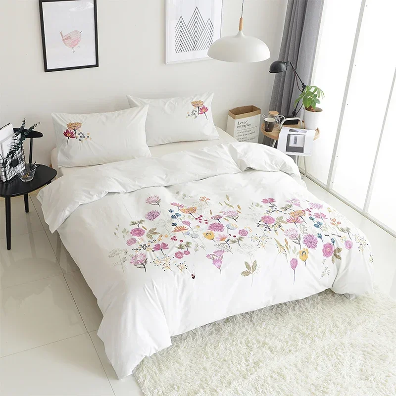 Cilected 3Pcs Plant Flowers Embroidery Duvet Cover And Pillowcase 100% Cotton Bed Set Quilt Cover For Autumn Winter(No Sheet)