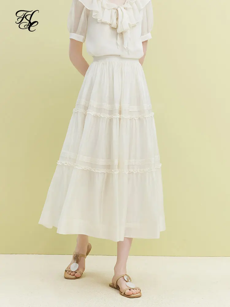 

FSLE Ladylike Style Gentle Wind Skirt for Female Summer Chic Elastic High Waist Elegant Sense Fairy A-line Skirt for Women