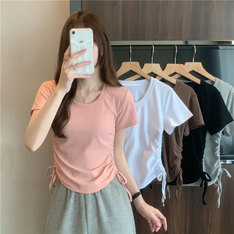 New Summer Women Drawstring Short Sleeve T-Shirt Slim Top Student Girls Casual Sports Street Dance Tee Woman Ladies Base Shirt