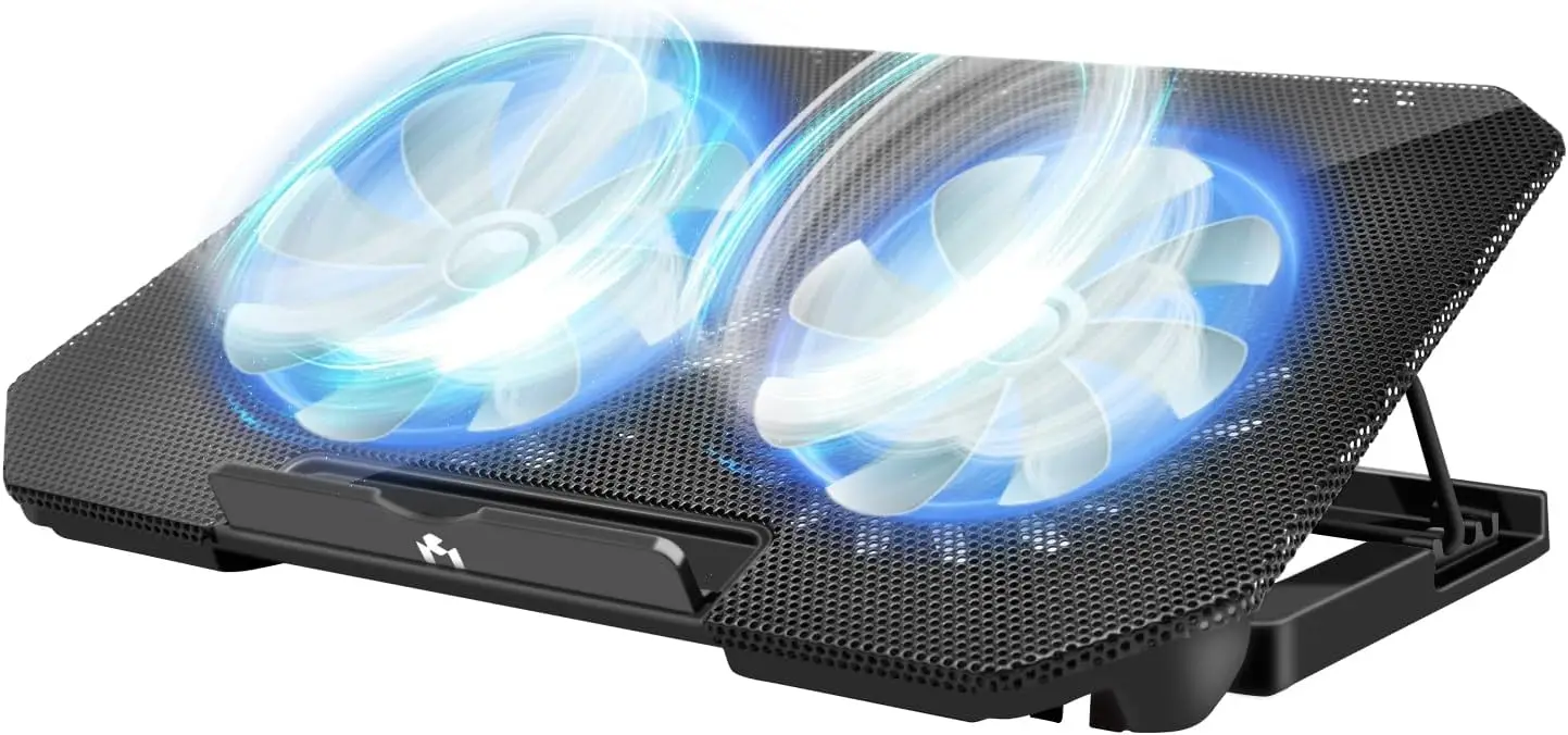Laptop Cooling Pad 2 quiet fans with LEDs, 2 USB Ports. 5 level height, Speed Control Laptop Cooler