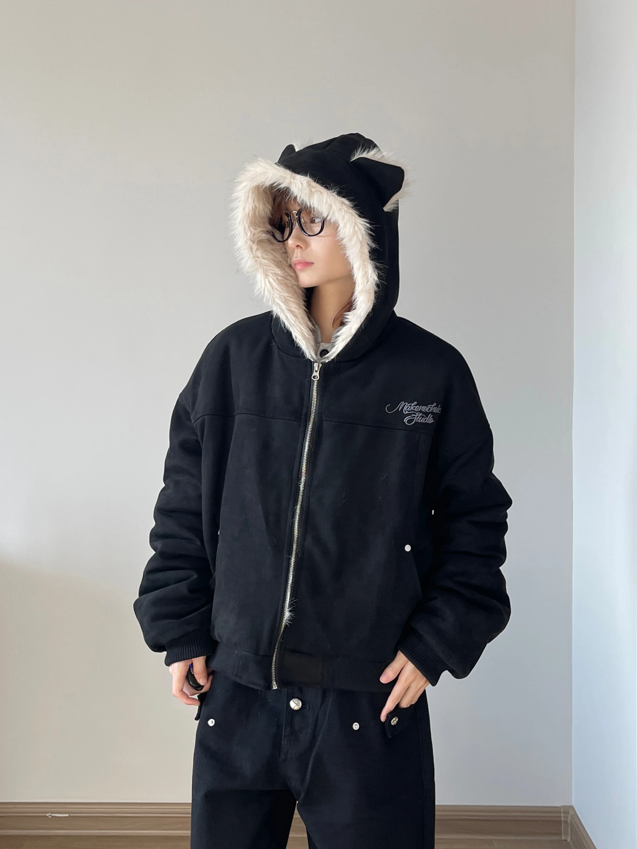 

Ретро-куртка в американском стиле из замши с капюшоном и ушками кролика, свободная мужская зимняя верхняя одежда Mountain Eagle, теплая, с длинными рукавами