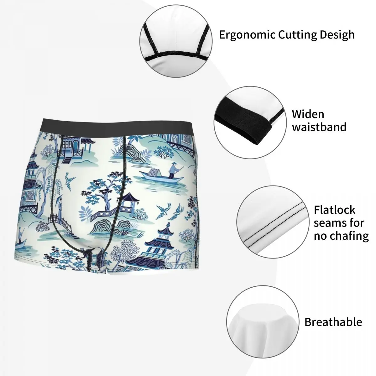 الملاكم السراويل السراويل الأزرق الصفصاف Chinoiserie سراويل الرجال ملابس داخلية مريحة لهدايا صديقها أوم رجل