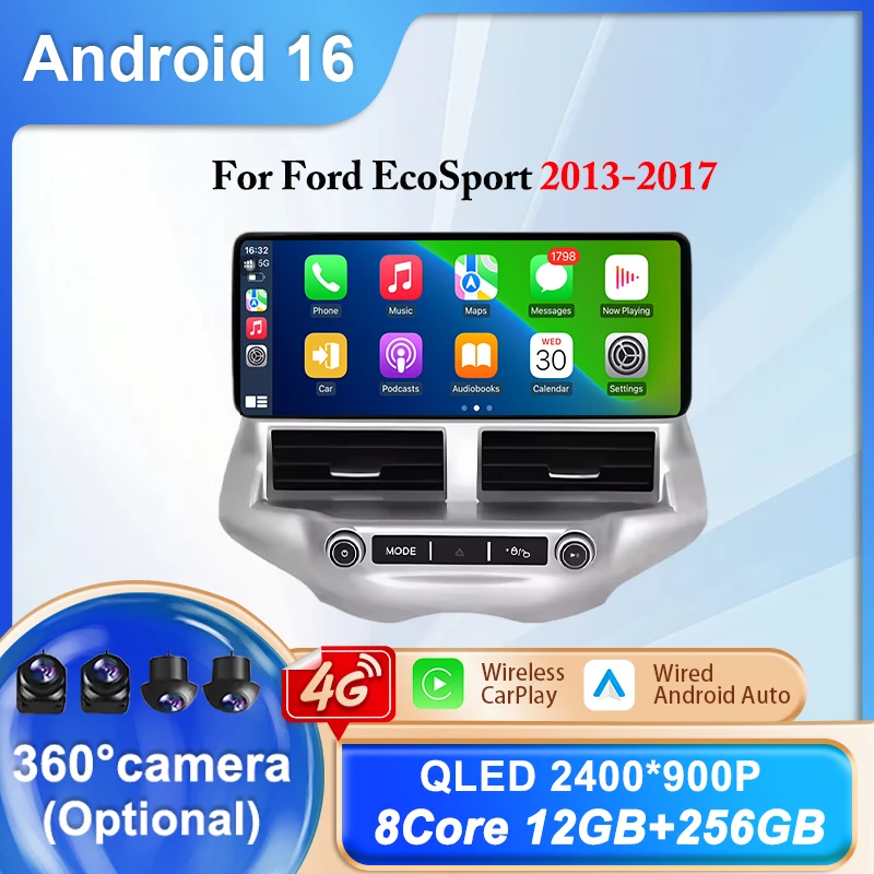 Radio Multimedia para Auto de 12.3 Pulgadas para Ford EcoSport 2013-2017, Reproductor de Video, Navegación GPS, Android Auto, Carplay, WIFI, DSP, Bluetooth