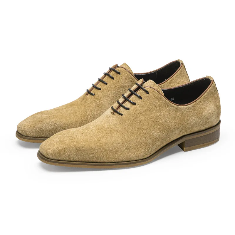 HKDQ Men Formal Shoes Genuine Leather Lace Up Khaki Yellow Men Dress Shoes High Quality Fashion Wedding Oxford Suede Shoe Man