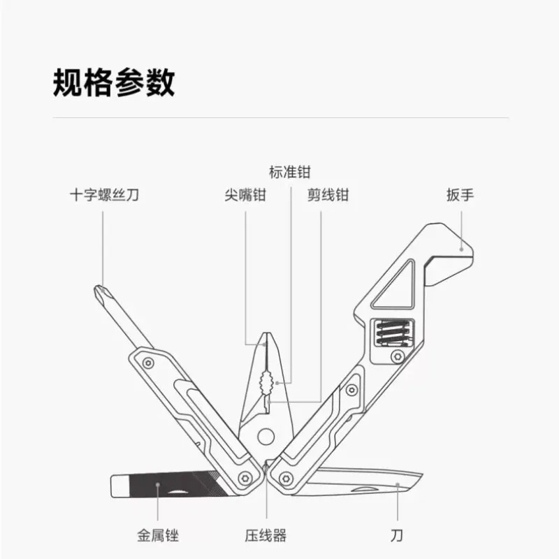 8‑in‑1 Folding Multi Tool W2, Light Wrench Pliers Spanner Screwdriver Combo Outdoor Camping EDC Hand Repair Tools