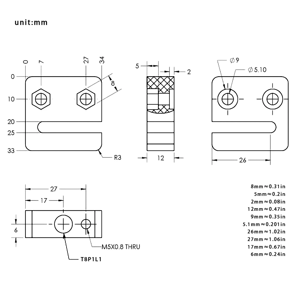 3D Printer T8 Screw Nut Block Openbuild POM 8mm Screw Nut Seat  Screw Distance 2mm  Guide Distance  14mm