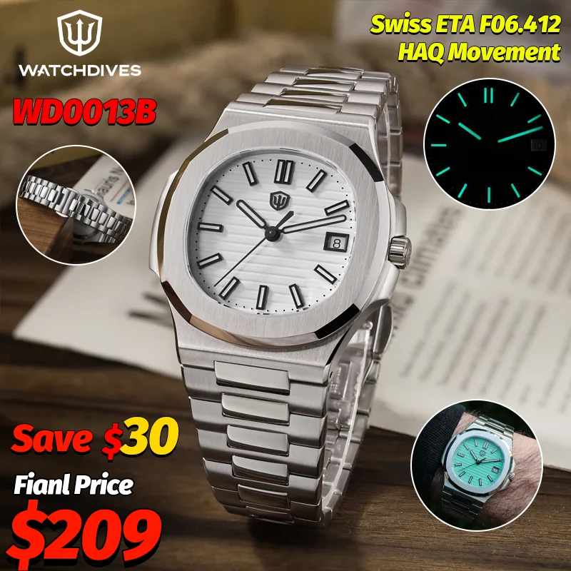 

Мужские роскошные кварцевые часы Watchdives WD0013B, швейцарский механизм ETA F06.412 HAQ, сапфировое стекло, BGW9, водонепроницаемые, тонкие, из нержавеющей стали, наручные часы