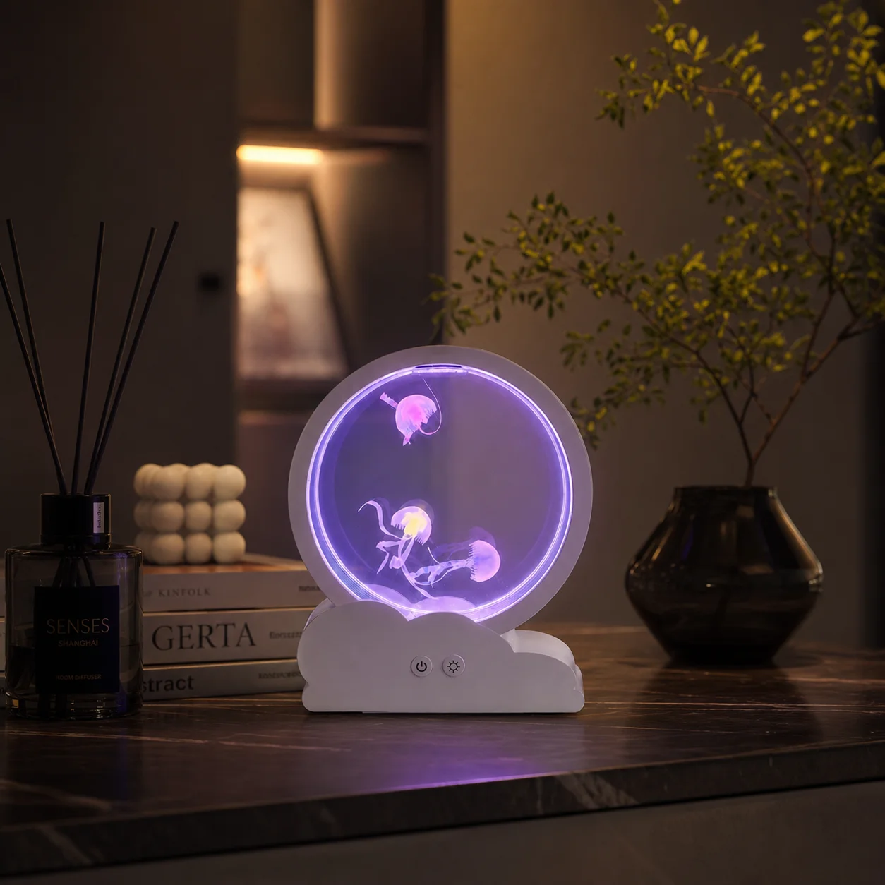 WWPPU Cloud Base Jellyfish Lamp Round Moon Aquarium Night Light Animated Ocean Glow Type-C Powered Table Ambient Lamp