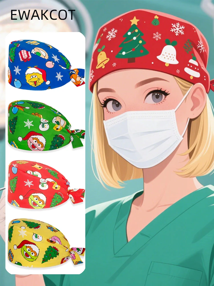 Woman man Christmas Surgical Cap Cotton Santa SnowMan Printed Surgeon Hat Nurse Doctor Dentist Spa Pet shop Nursing Scrub Caps