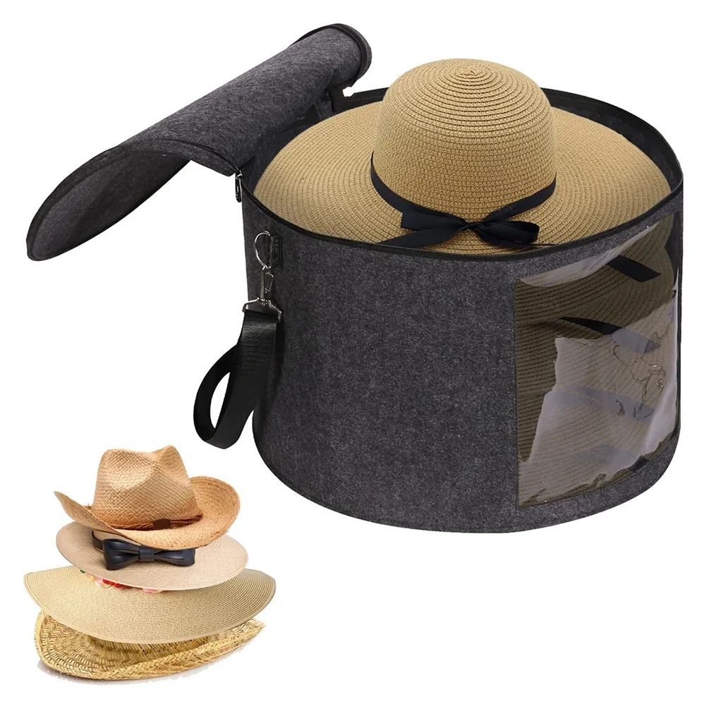 Collapsible Hat Case & Handle and Shoulder Strap Round Cowboy Hat Box Foldable Hat Organizer Bag for Travel and Closet Storage