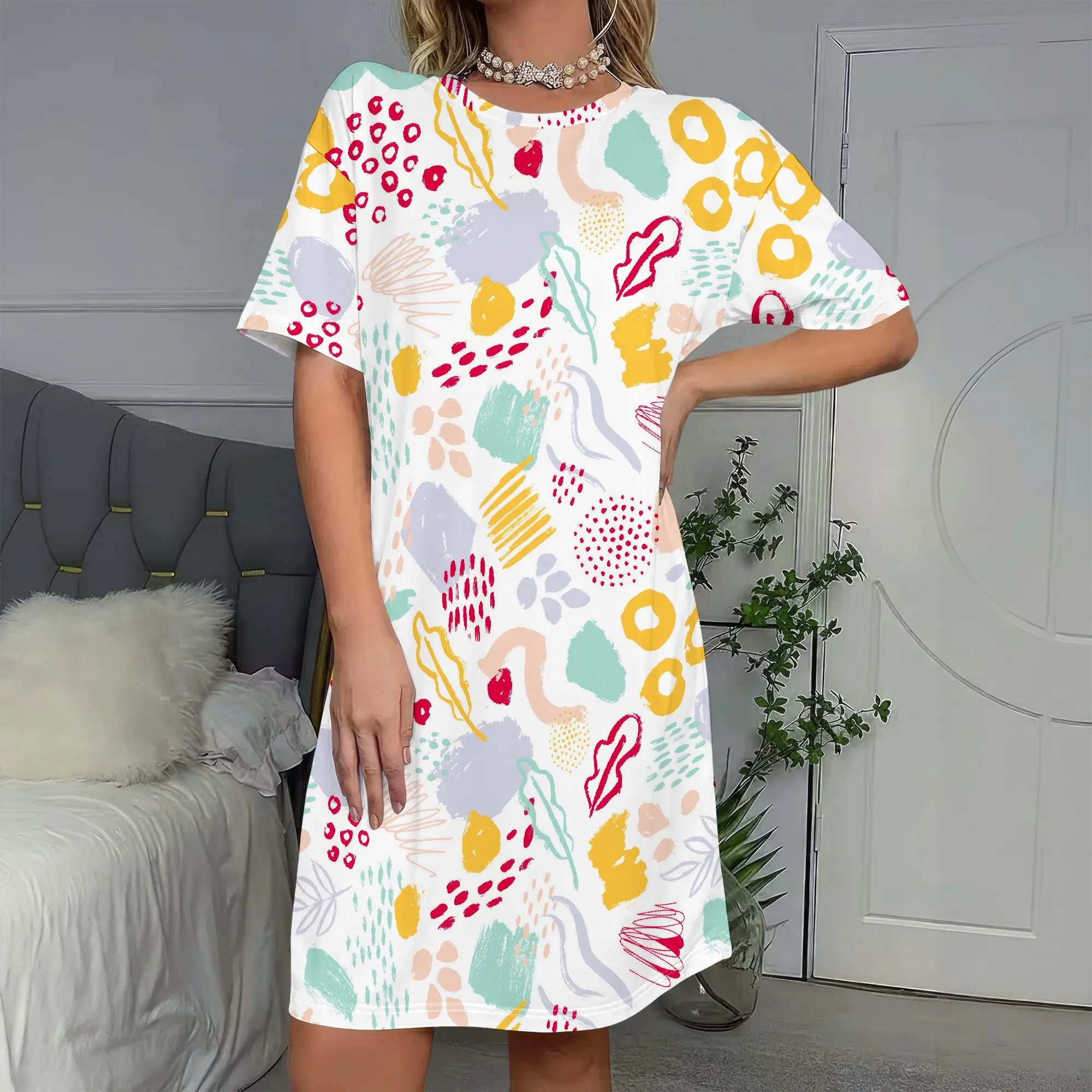 

Abstract Print Short Sleeve Dress, Colorful Pattern T-Shirt Dress, Casual Summer Mini Dress for Women, S-2XL