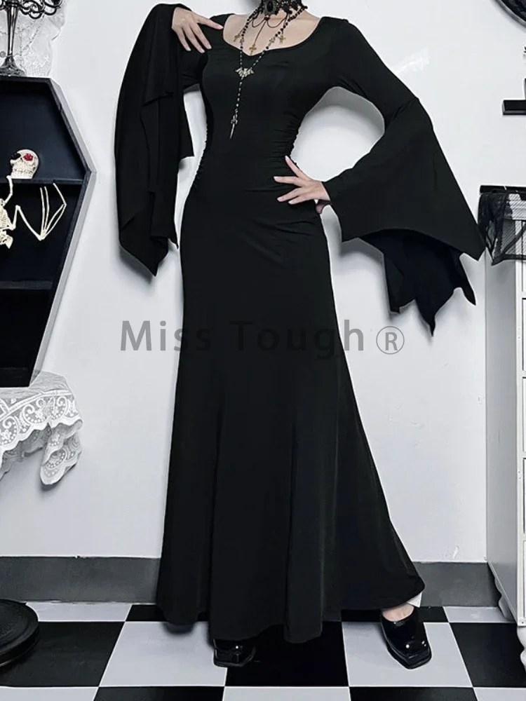 Halloween Morticia Adams Primate Black Adams Family Dress Retro Gothic Long Sleeve V-neck Dress Luxury Casual Elegant Clothing