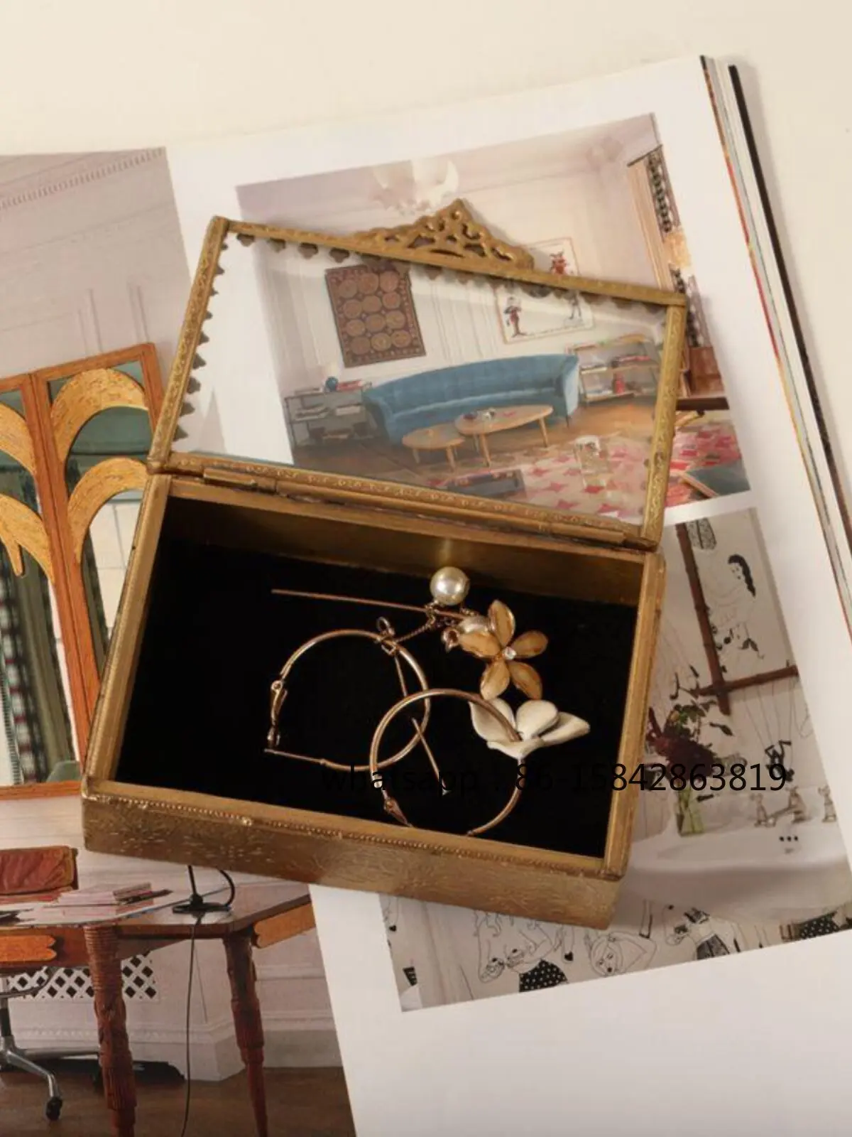 Retro & Antique Brass Jewelry Box, Exquisite Glass Relief Design, Tabletop Earring Storage, Dressing Room Decor Ornament