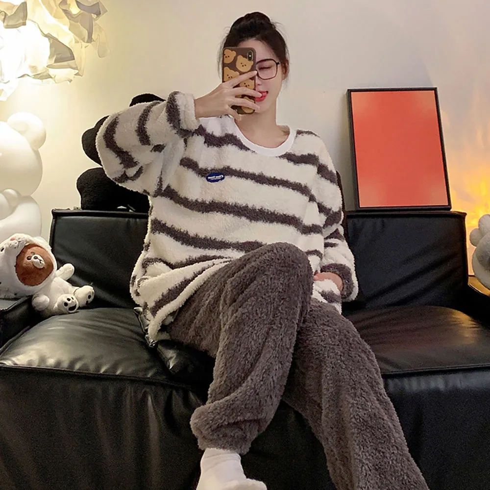 New Thick Fluffy Coral Velvet Couple Pajamas For Winter Striped Long Sleeved Pullover Top+Solid Pants Men Women Home Sleepwear