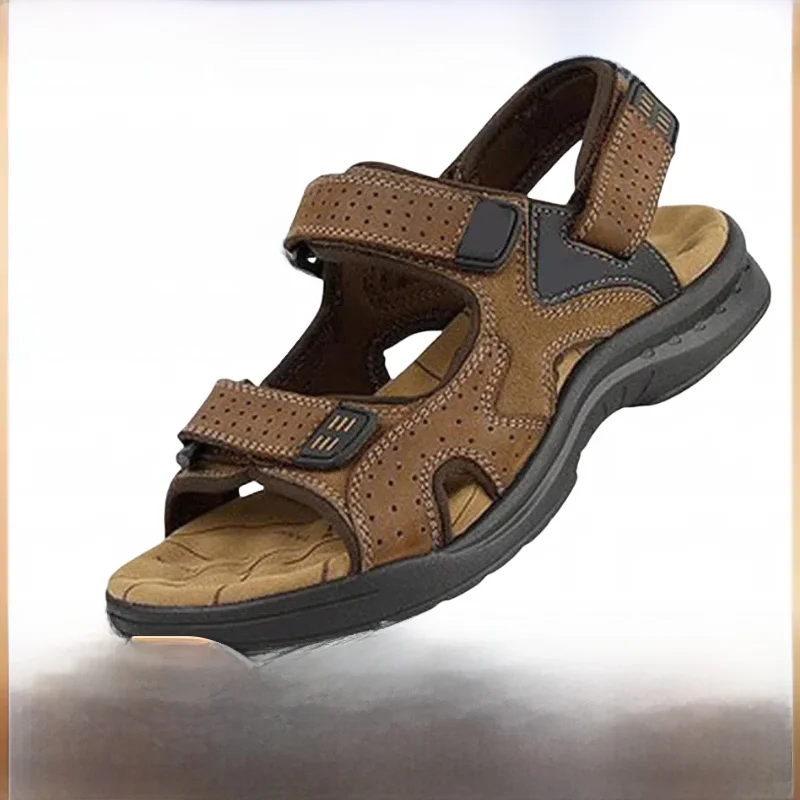صنادل رجالية من الجلد الطبيعي، أحذية شاطئ جديدة للصيف، أحذية خارجية مضادة للانزلاق، شباشب مريحة وقابلة للتنفس، أحذية كاجوال