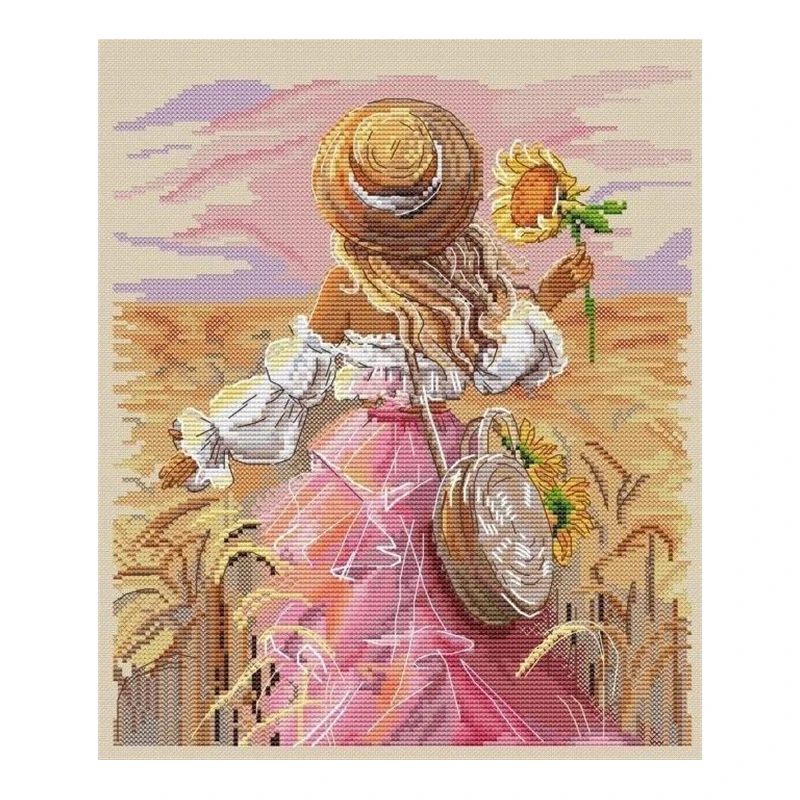 DIY Cross-stitch Kit Sunflower Girl's Back View Embroidery Toolkit Optional Printed Handwork Cross-point Saga for Craft Enthusia