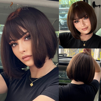 EASIHAIR Brown Black Short Straight Synthetic Wigs with Bangs Women Bob Hair Wigs for Daily Cosplay Natural Heat Resistant Fiber