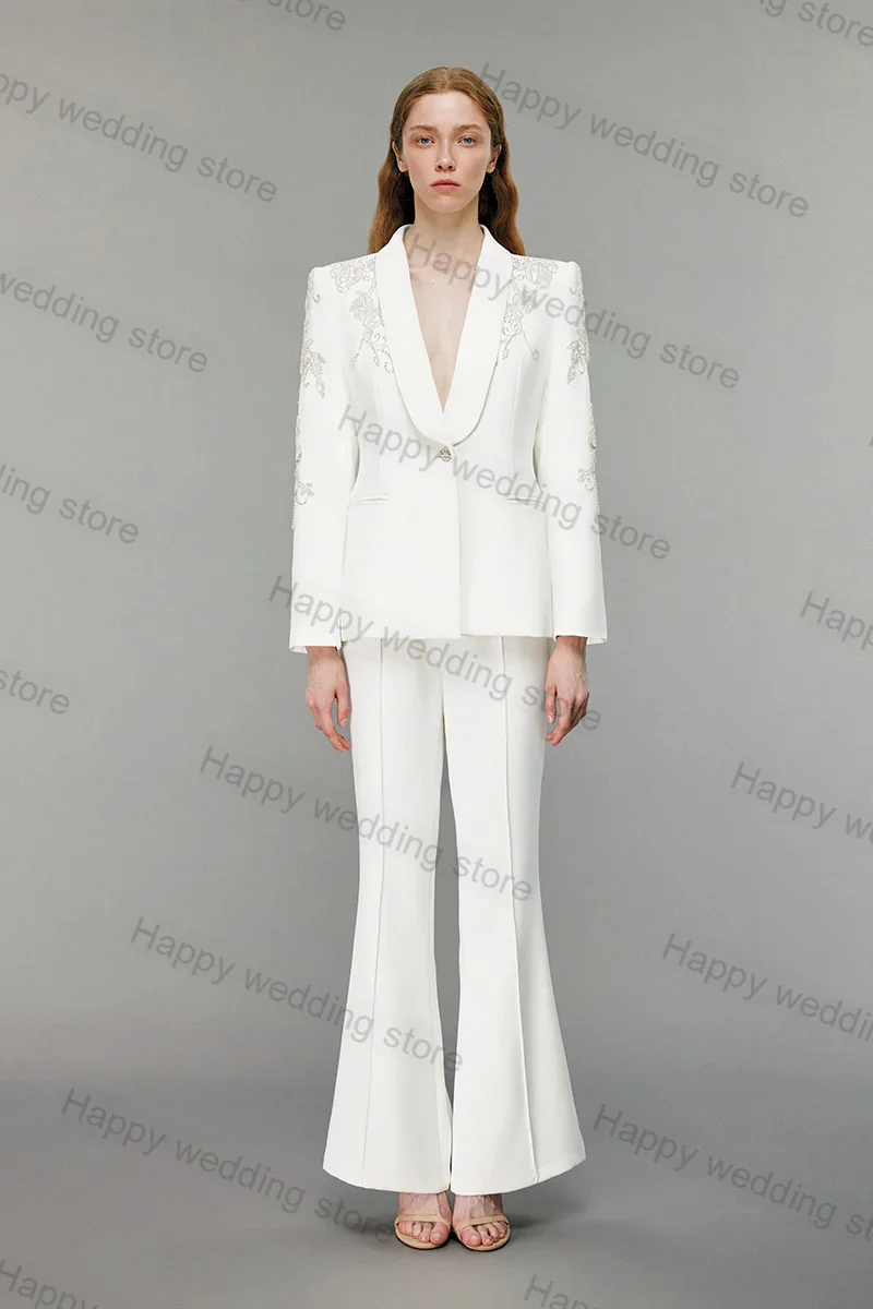 

Formal White Crystal Women Suit Set 2 Piece Blazer+Flare Pants Cotton Autumn Office Lady Jacket Custom Made Wedding Tuxedos Coat