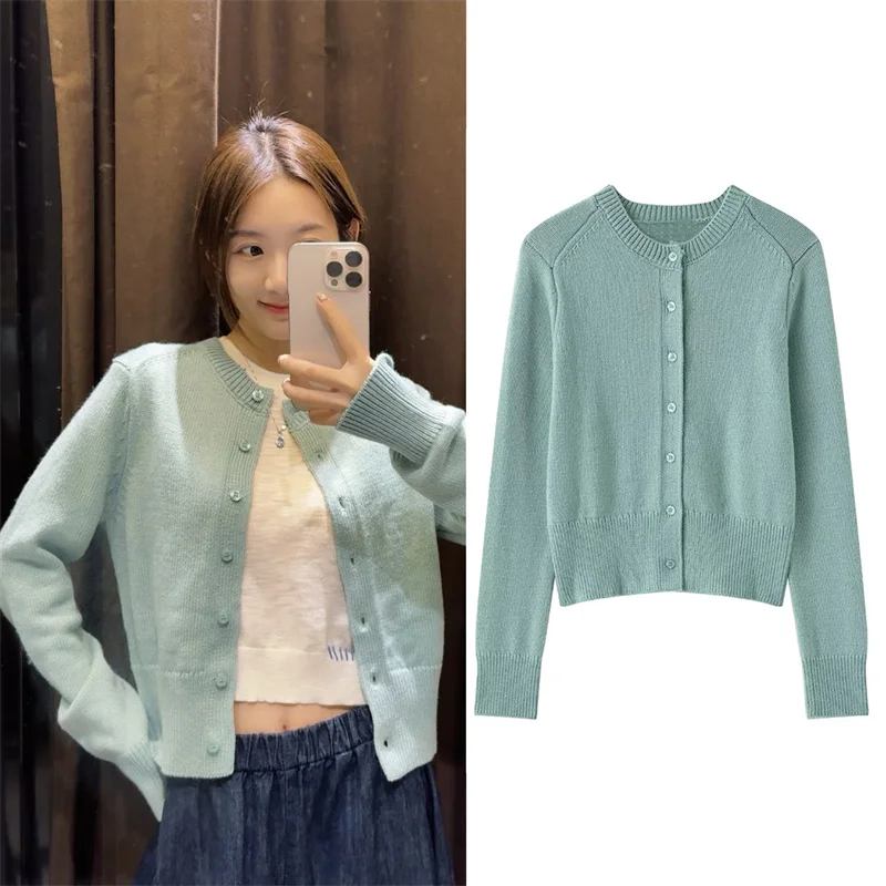

Women's Coat 2025 Autumn New Style Green Long-Sleeve Single-Breasted Simple Basic Knit Cardigan Jacket Casual Fashion Versatile