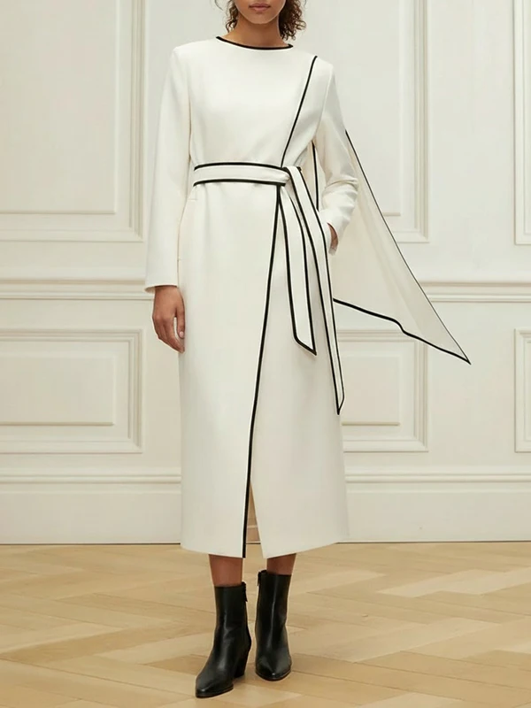 فستان Modigirl امرأة أنيقة بيضاء طويلة الأكمام ميدي مع ربطة عنق سوداء 2026 ضيف حفل زفاف وصيفة العروس فستان رسمي أنيق #5