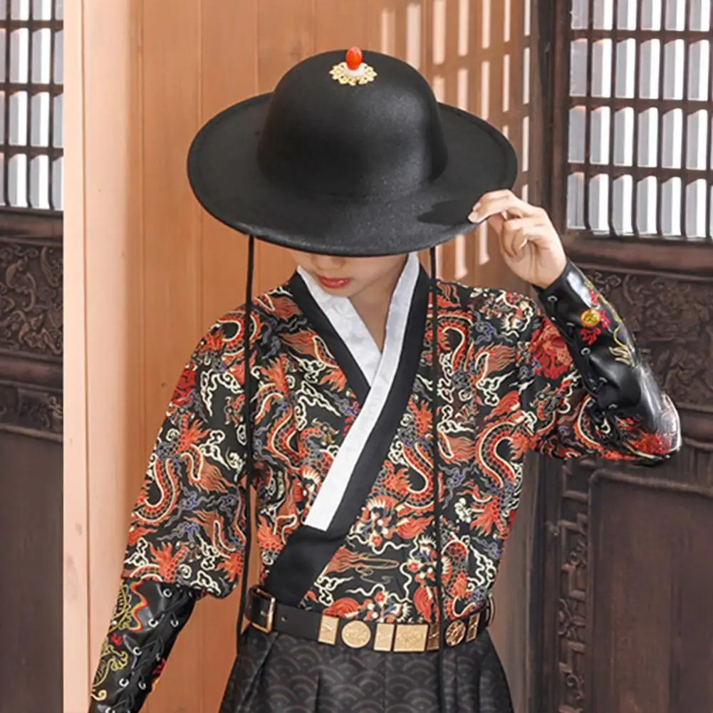 Ancient Style Round Hat Cultural Celebration Hat Wide Brim Black Sun Hats for Men Boys Traditional Flying Fish for Fishing