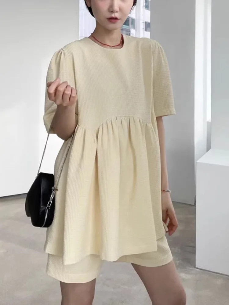 

Casual Loose Waffle Women's Short Sleeve Top Elastic Waist Wide Leg Shorts Pants Two Pieces Set 2024 Spring Summer X885