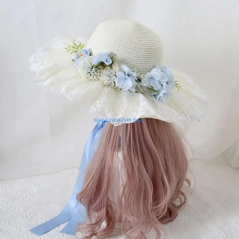 

P88B Leisure Summer Lace Brim Hat with Flower Decors Teens Breathable Hat Seaside Cap