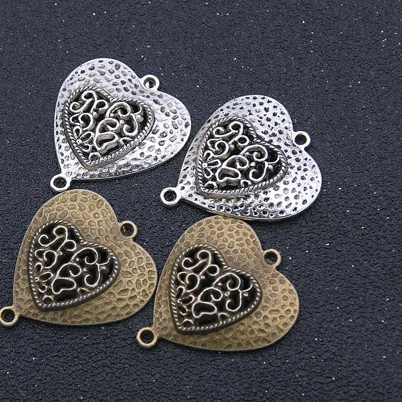 6Pcs 30*35MM 2 Color Charm Alloy Hollow Double Heart  Retro Zinc Connectors Linker For DIY Jewelry Pendant  Accessorie Jewelry