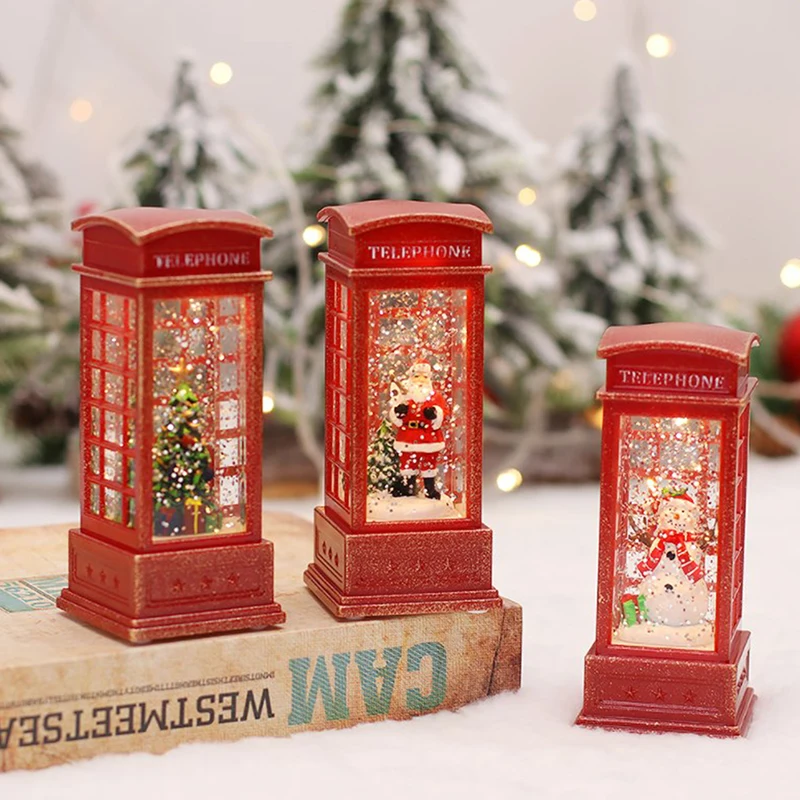 Christmas Red Vintage Luminous Phone Booth Lantern Christmas Tree Snowman Santa Claus Figurine In Telephone Booth Decoration