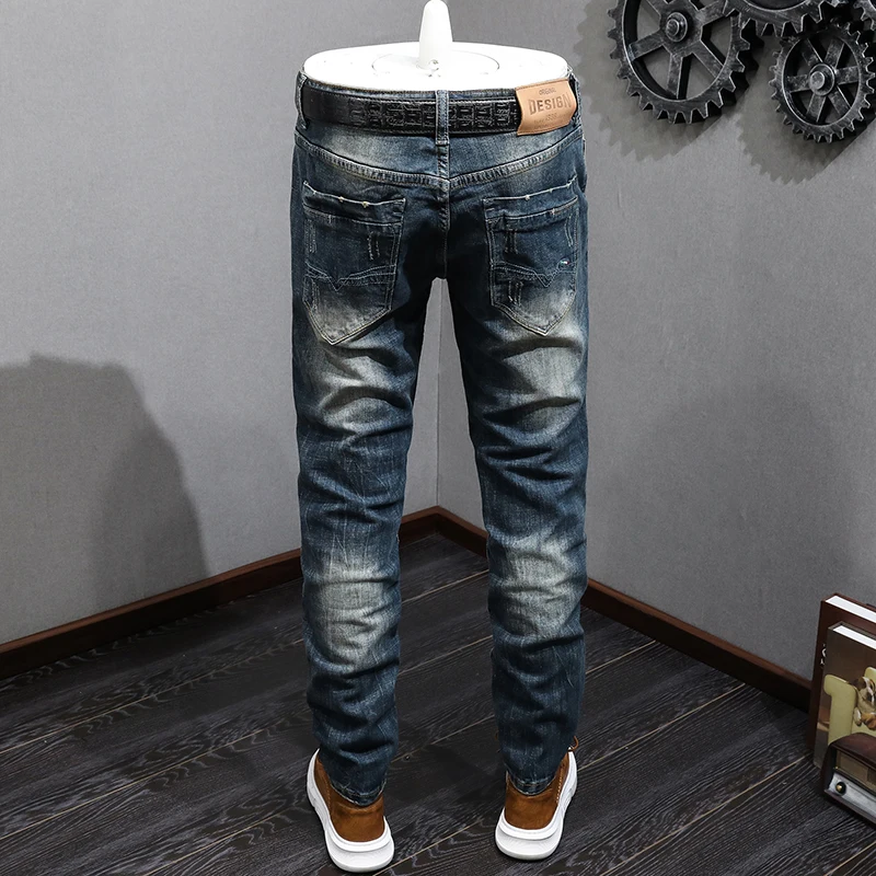 Italian Style Fashion Men Jeans Retro Washed Blue Stretch Slim Fit Ripped Jeans Men Trousers Vintage Designer Denim Pants Hombre