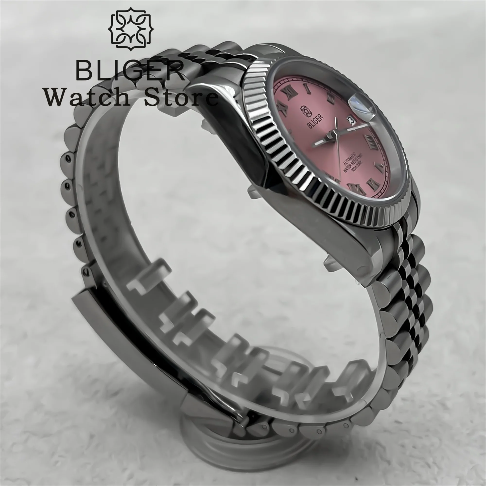 BLIGER 36mm 39mm Sunburst Pink Dial Silver Roman Numbers NH35A Automatic Men Watch Stainless Strap Sapphire Glass For Datejust