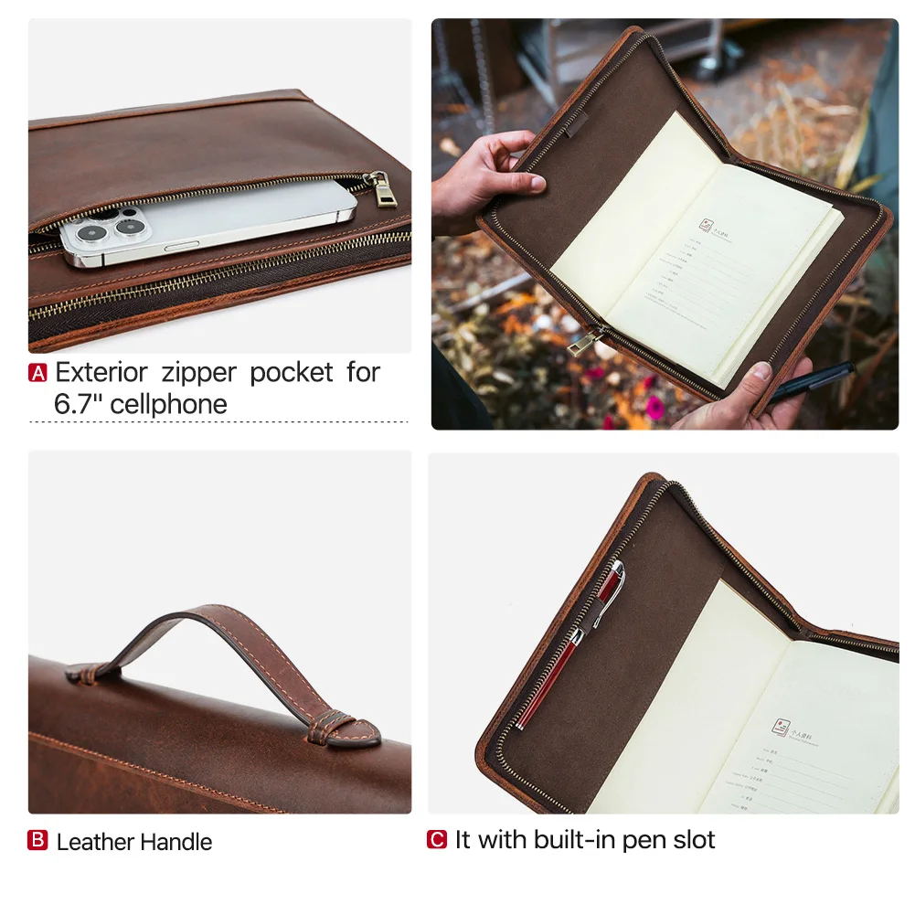 Retro Genuine Leather Zipper Clutch A5 Book Cover Journal Office Diary Travel Notebook Cover Case Protector Sleeve for School