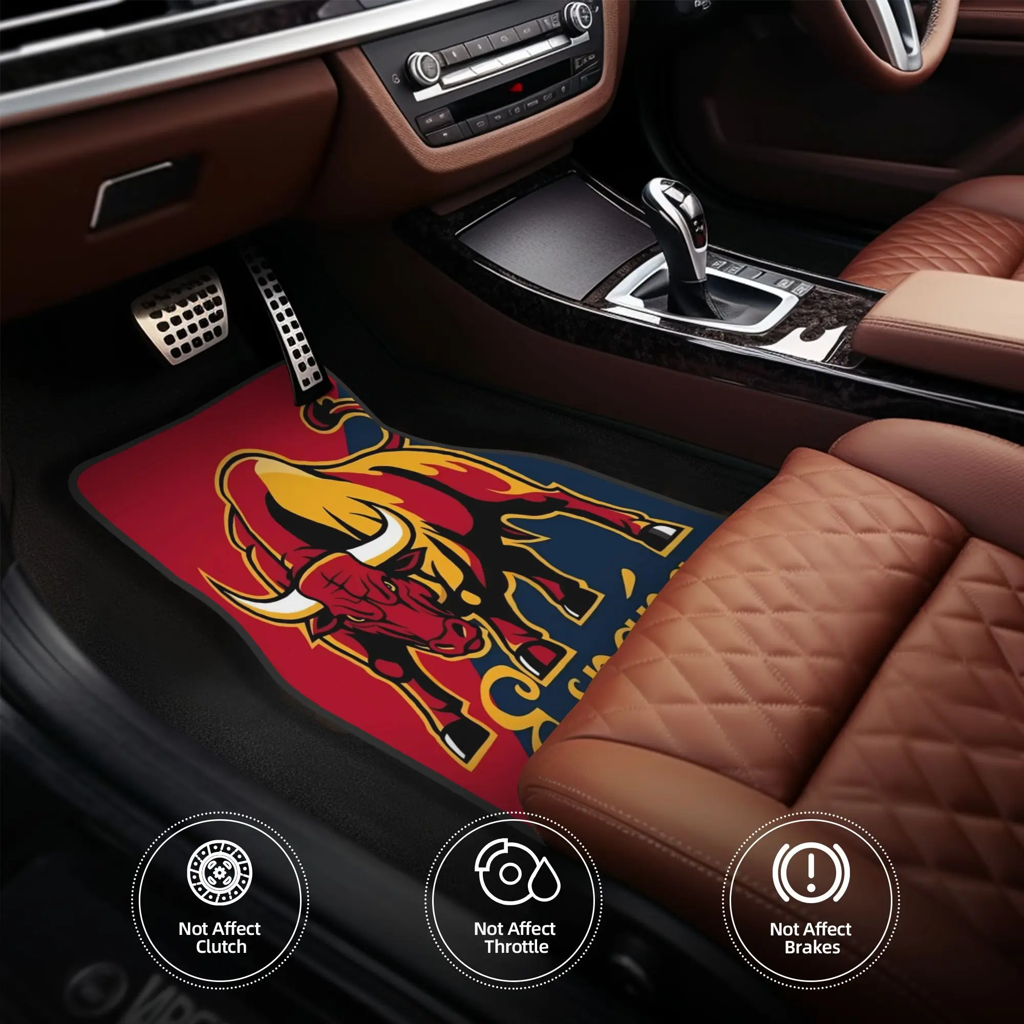 Set Of 4 Car Floor Mats Featuring A Striking Bull Design With The Colors Of The Spanish Flag. Made From Durable Polyester Fiber,
