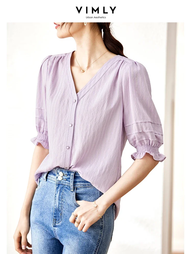 

Vimly Elegant Summer Shirts & Blouses for Women V Neck Purple Fashion 2023 New Puff Sleeves Female Tops Straight Tops Clothing