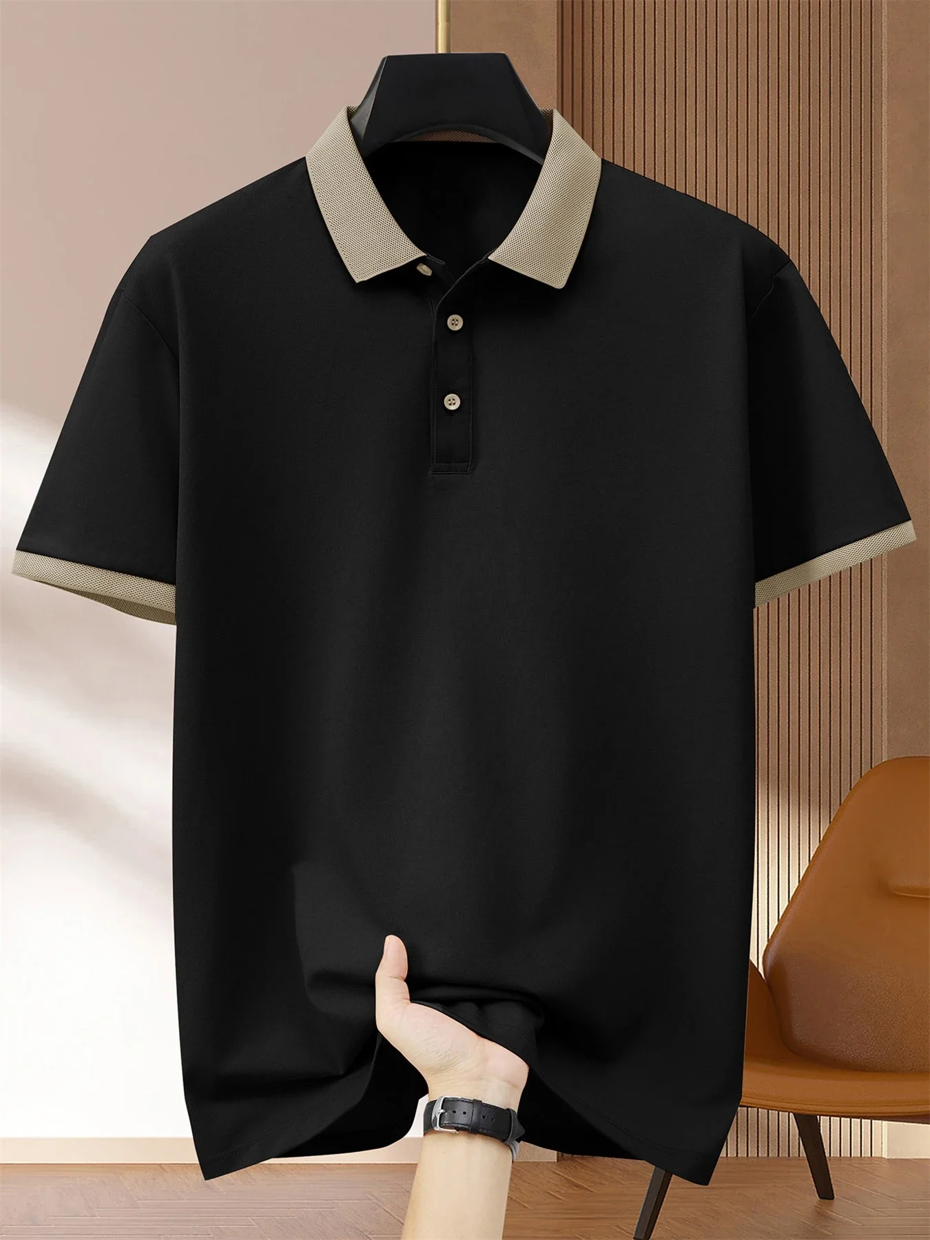 Pop Summer New Men's Casual Polo Shirt Flip Collar Contrast Trim Breathable Front Short Sleeve Top Solid Color Comfortable T-shi