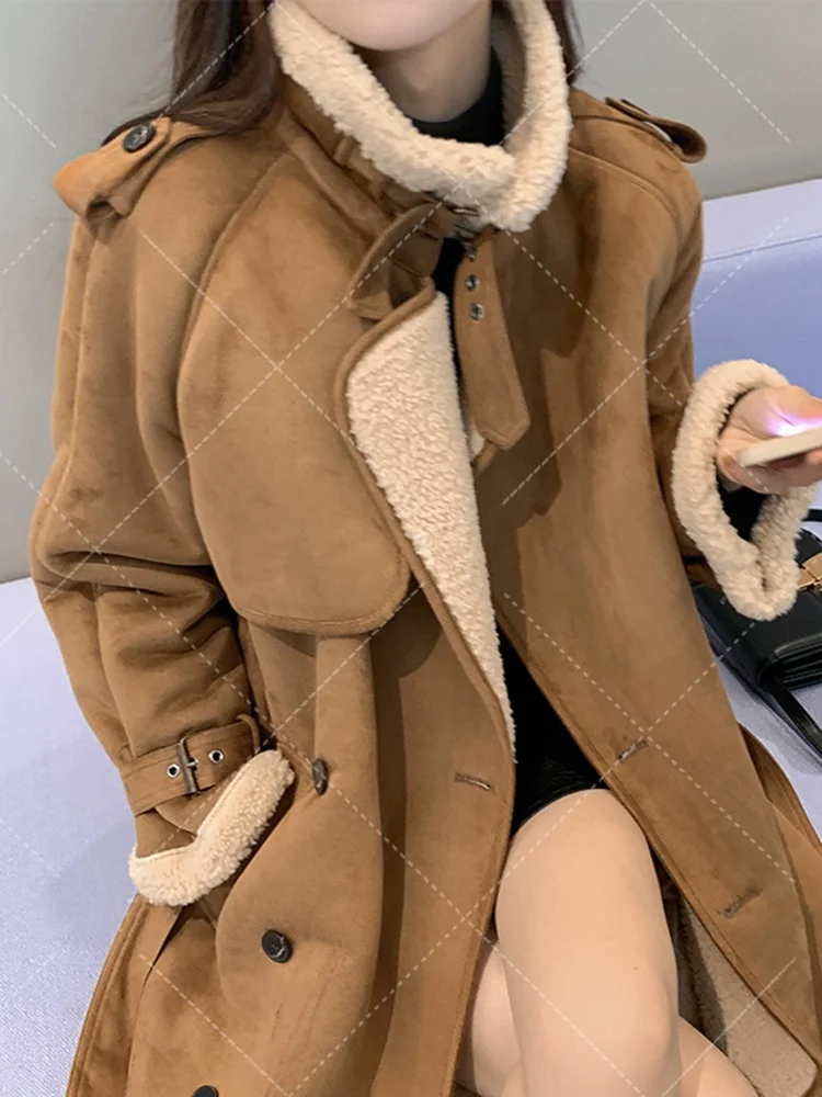 Abrigo de Lana ueso para Mujer, Chaqueta de Piel de Cordero, Terciopelo de Piel de Ciervo, Abrigo Largo de Otoño Invierno, ...