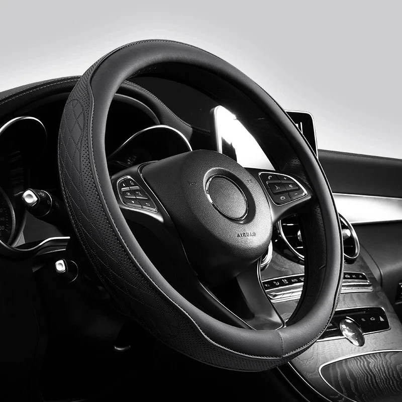 Embossed PU‑Leather Patchwork Car Steering Wheel Cover Non‑Slip Breathable Universal 15Inch 38cm Auto Accessories